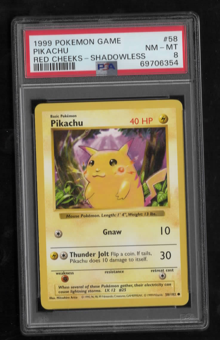 PIKACHU RED CHEEKS SHADOWLESS pokemon card PSA 8 vintage 1999 BASE SET 58/102