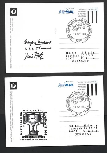 Australia Antarctic AAT 2013 Post Pre-Paid PPC / Maxicards x 2 Casey to Germany