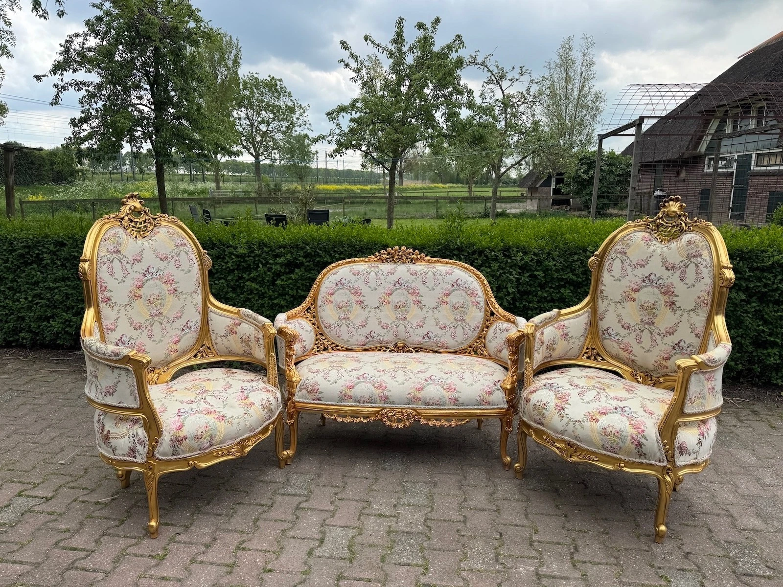 Sofa Set French Louis XVI Gold Beech Damask Settee Bergere Chairs 1970 3pc
Opens in a new window or