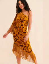FARM Rio Golden Yellow Velvet One-Shoulder Fringe Dress – Size 4