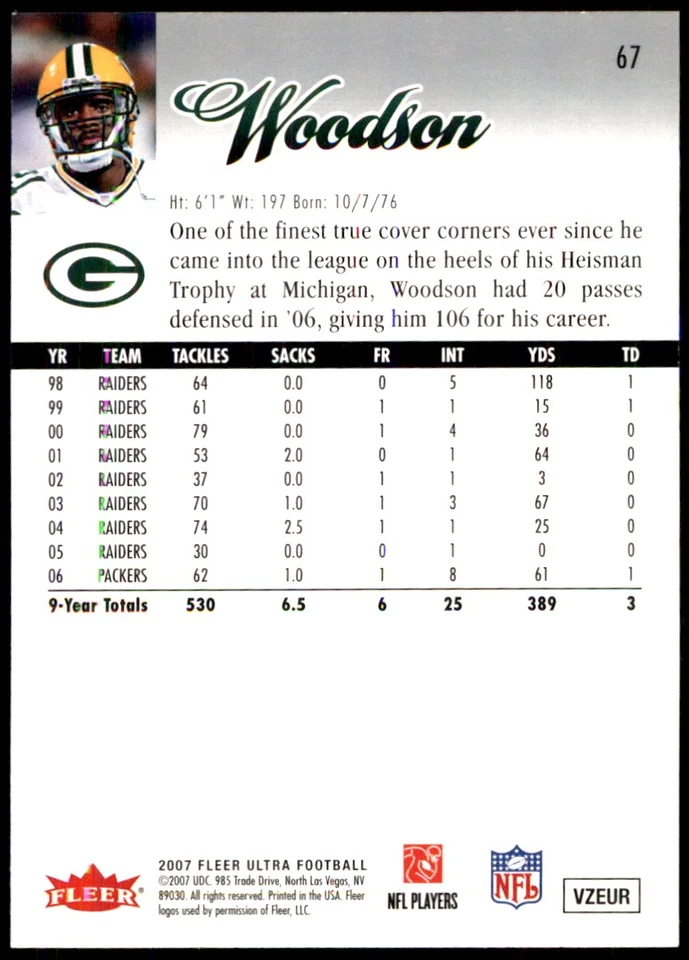 Charles Woodson 2007 Ultra #67 Packers NFL READ FREE SHIPPING AutographDen - Image 2 of 2