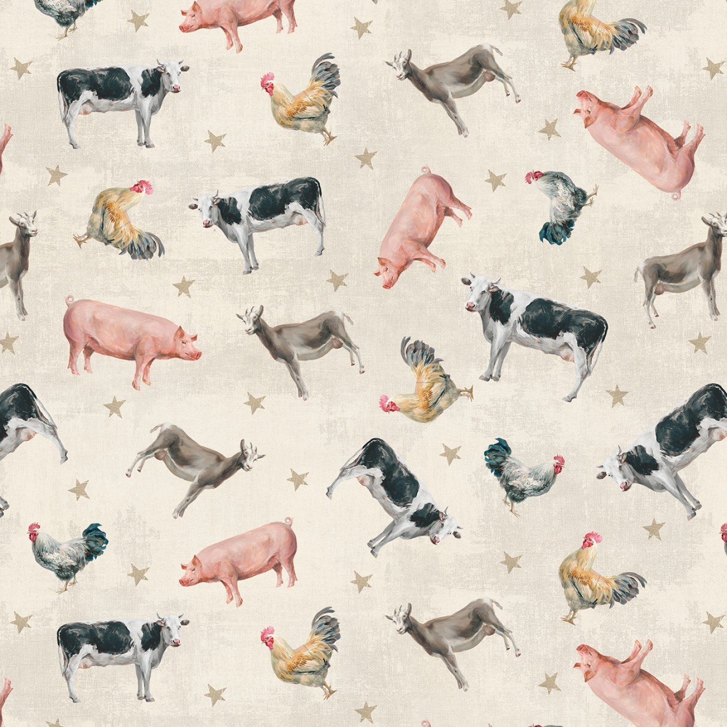 Animal Fabric | Farmhouse Chic Pig Cow Rooster Cream | Wilmington Prints YARD