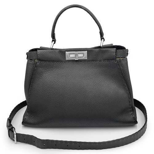 FENDI Peekaboo Selleria Medium Leather Handbag Gray Beige 2Way Used