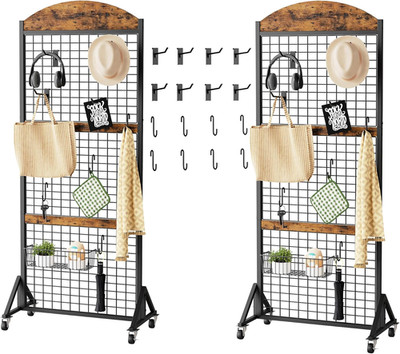 Movable 5.7' x 2' Grid Wall Display Rack with Hooks - 2 Pack, Rustic Brown/Black