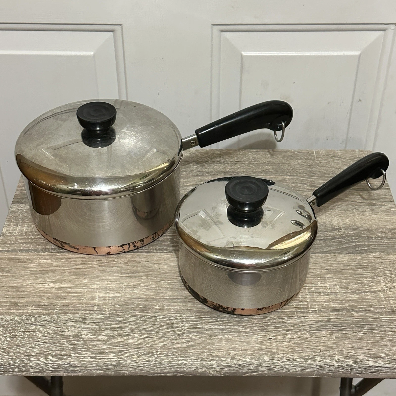 Vintage Rever Ware 1 Qt & 2 Qt Copper Bottom Sauce Pot With Lid 1801 Clinton USA