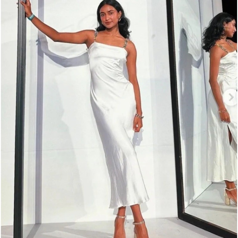 Zara White Satin Effect Spaghetti Strap Maxi / Midi Dress with Slit Size Small image 10