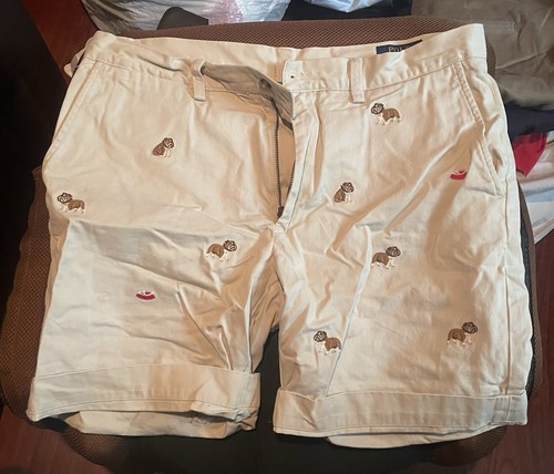 VINTAGE Polo Ralph Lauren Chino Shorts Beige Cotton Embroidered Dogs Men Size 33