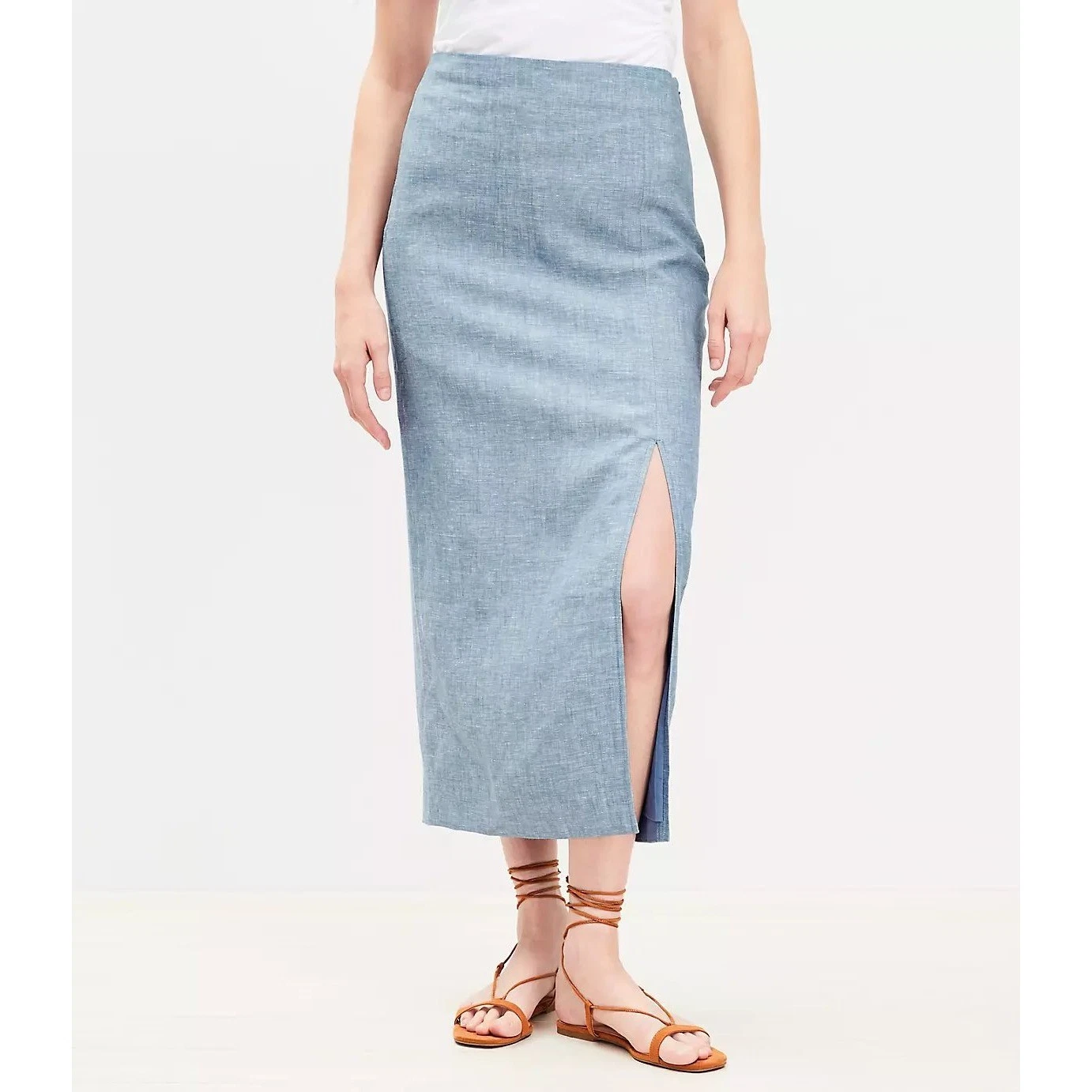 LOFT Linen/Cotton Midi Skirt High Waisted Front Slit Lined Light Blue Size 14/XL
