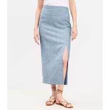 Falda midi LOFT de lino/algodón cintura alta frontal abertura forrada azul claro talla 14/XL