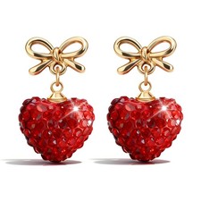 Valentines Day Gifts for Her Red Heart Bow Earrings Dangle Sparkly Rhinestone...