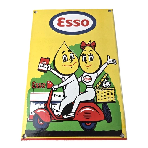 Vintage Esso Gasoline Porcelain Sign - Oil Drop Boy Scooter Vespa Gas Pump Sign