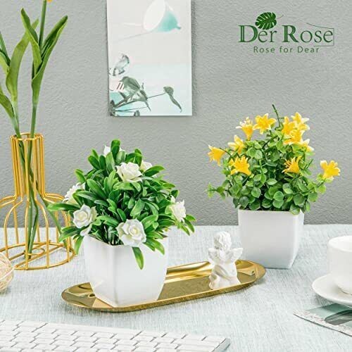 Der Rose 2 Packs Fake Plants Mini Artificial Faux Plants with Flowers ...