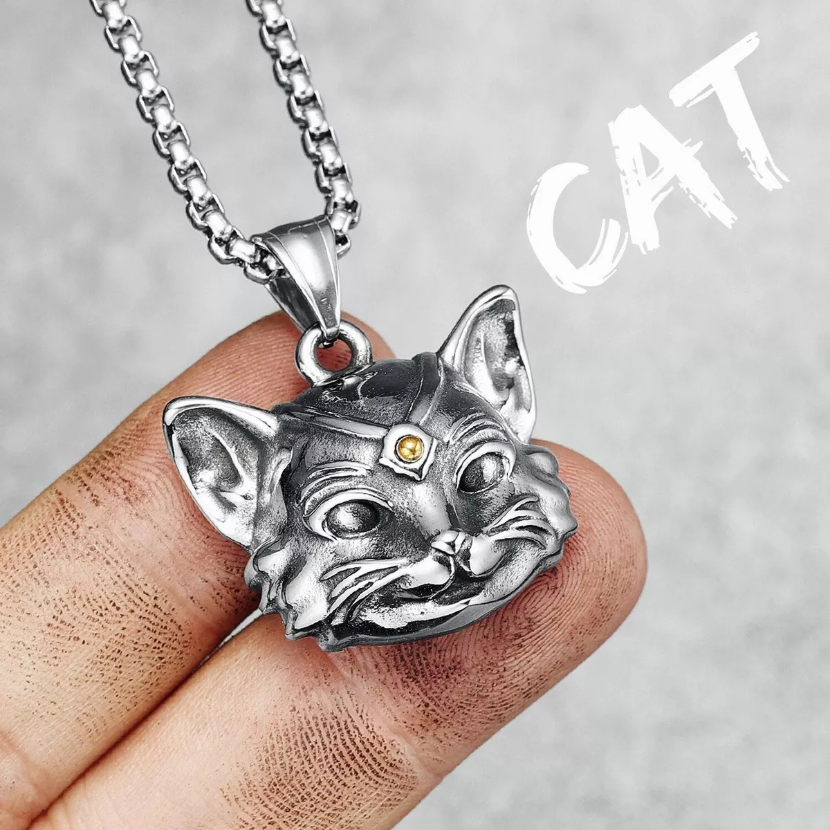 Cool Cat Necklace 316L Stainless Steel Kitty Gold Gem Men Women