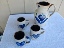 Rowe Pottery Works 9.25" Tall Pitcher And 3 Mugs Set Blue Heart Salt Glazed