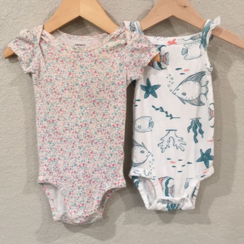 Carter's Baby Girl Sz 9M Floral and Fish Bodysuit Set 100% Cotton