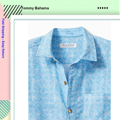 $128 Tommy Bahama Coconut Point Fleur De Geo Camp Shirt, Chambray Blue, S/P - Picture 2 of 2