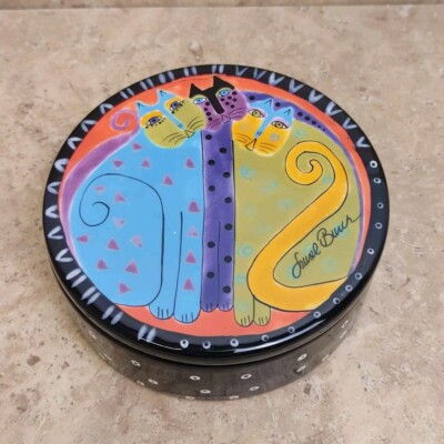 Laurel Burch Cats Trinket Dish Ceramic Colorful With Lid Ganz 