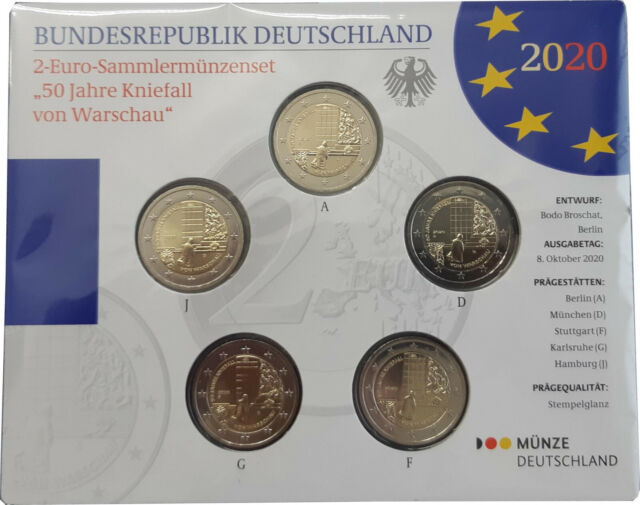 5 x 2 Euro Deutschland 2020 st Sammlermünzen- Set Stempelglanz Kniefall Warschau