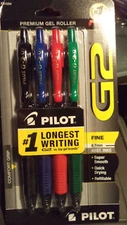 4 Pilot G-2 Retractable Gel ROLLER Pens Fine Point 0.7mm RED BLUE BLACK GREEN