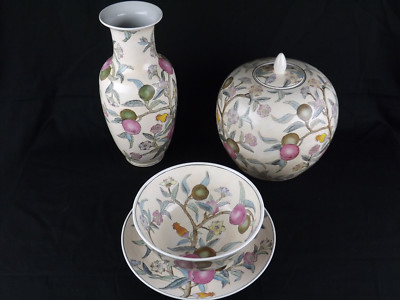 WBI China Decorative Lot of 4 Vintage Plate Bowl Flower Vase & Lid Plum Motif