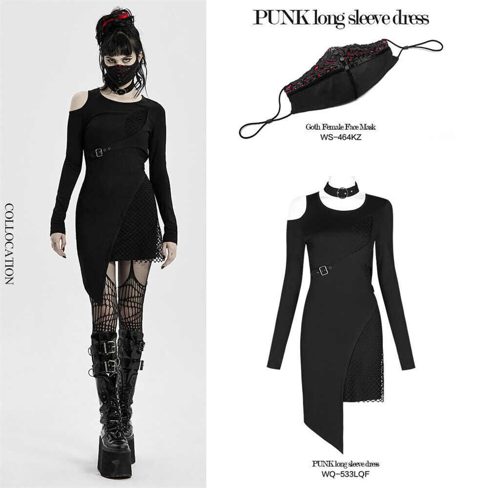 PUNK RAVE Women Hollow NEW before Clearance SALE! Limited time! selling ☆ Shoulder Long Sleeve Dress Remova Button