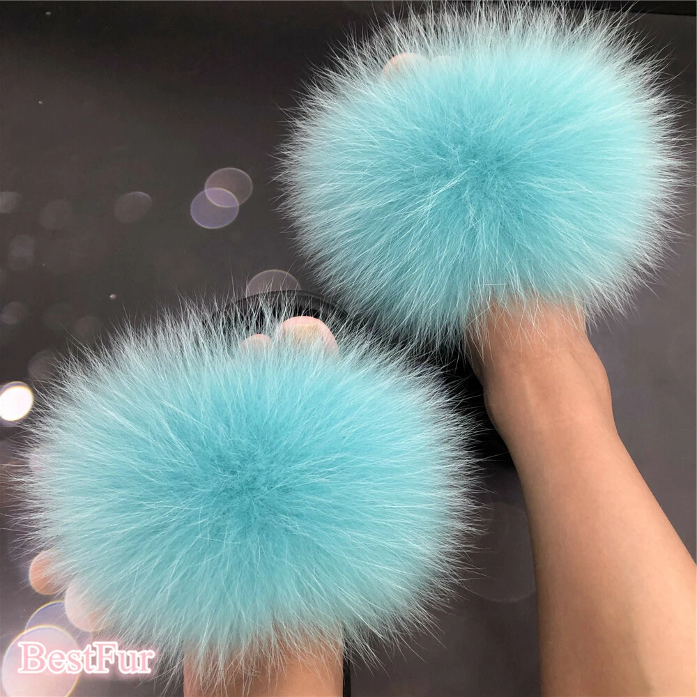 Turquoise Women s Slides Real Fox Fur Slippers Summer Beach