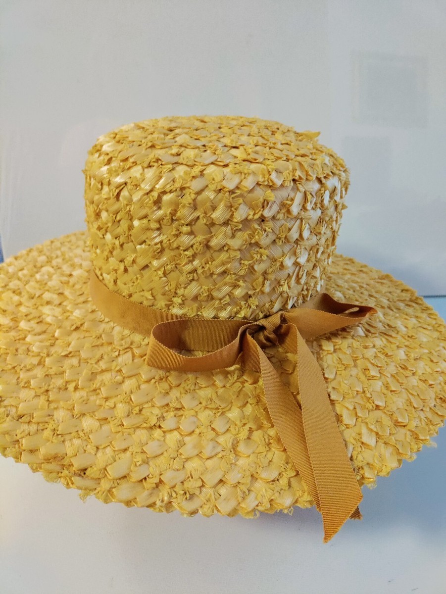 ?VTG STRAW HAT? Vintage Straw Hat with vinyl Black Ribbon Union Made 21.5  main image 4