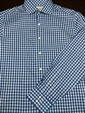 Ben Sherman Mens Button Long Sleeve Cotton Blue White Plaid Shirt 15 1/2 32/33
