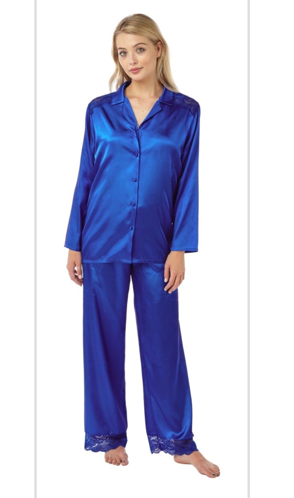 Ladies Satin Pyjamas 10 - 12 Bright Blue lace  trim silky 31” Long leg Gorgeous!