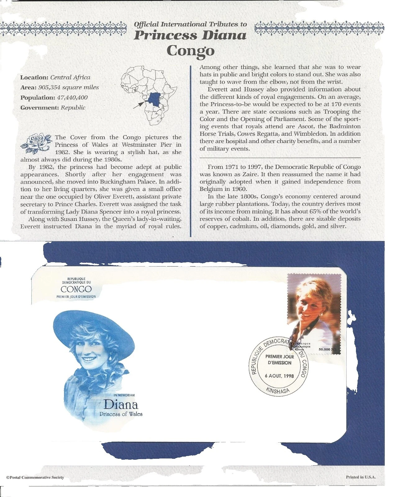 Royalty First Day Cover estampillas del Congo