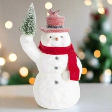 Primitive Christmas 10.25 Inch Sugar Glittered Snowman Holding Tree w/Red Top Ha