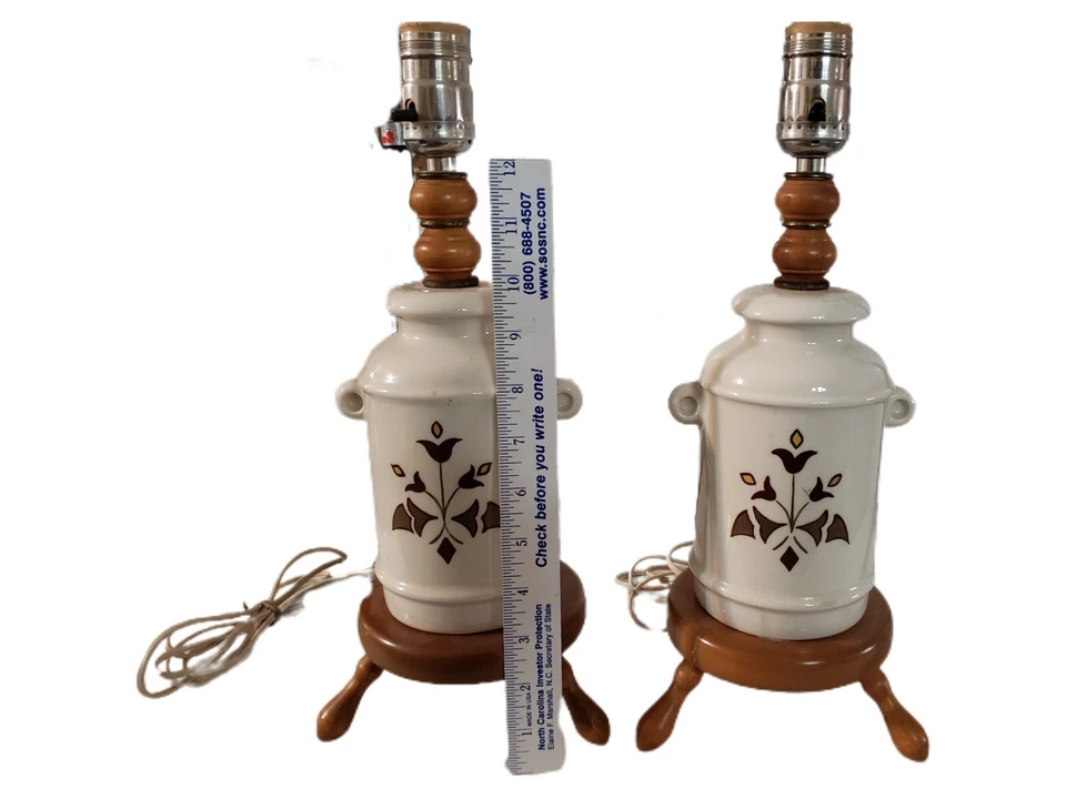 Pair of Vintage ceramic/Wood Lamps with Milk-Can and Stool Country Cow Colonial - Image 2 of 4