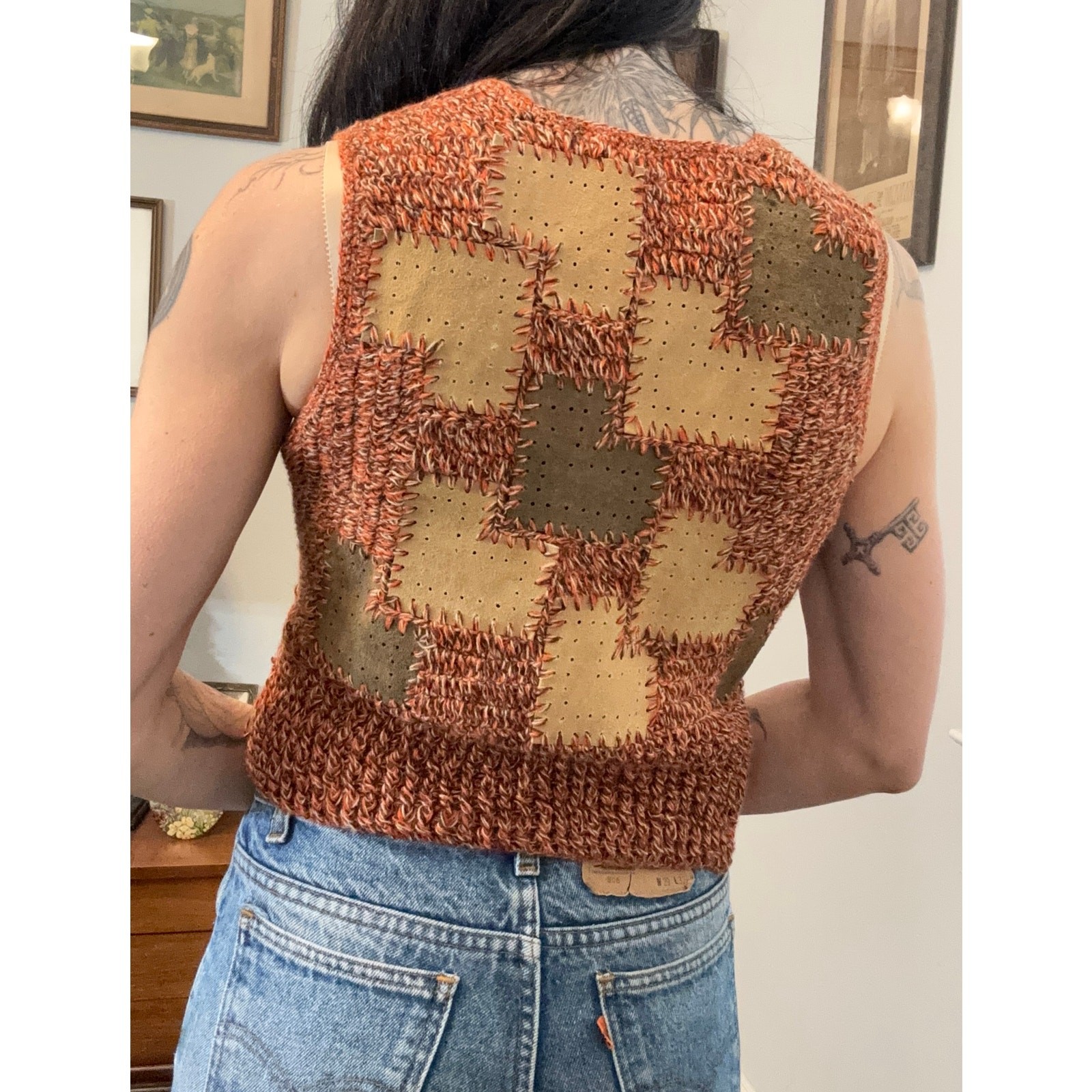 Vintage Harpees 70s leather patchwork button up v… - image 5