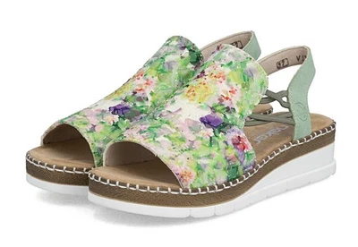 Rieker Sandale Grün Multi Sandalette Riemchensandale Gummizug Slipper Keilabsatz - Bild 1 von 4