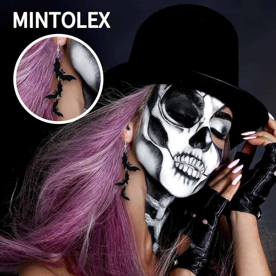 Pendientes colgantes acrílicos de Halloween con calavera negra murciélago para mujer divertidos Cu Foto 3 de 4