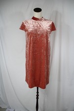Madewell Crushed Velvet Mini Shift Dress Size S Mock Neck Bow Tie Pink Salmon