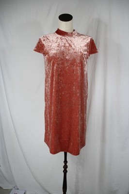 Madewell Crushed Velvet Mini Shift Dress Size S Mock Neck Bow Tie Pink Salmon