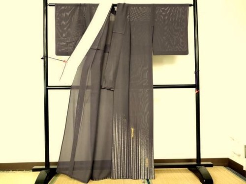 Kimono giapponese, SETA, kimono estivo,"RO"絽 "HOUMONGI", uno stemma, grigio, L 5' 5",.4591 - Foto 2 di 12