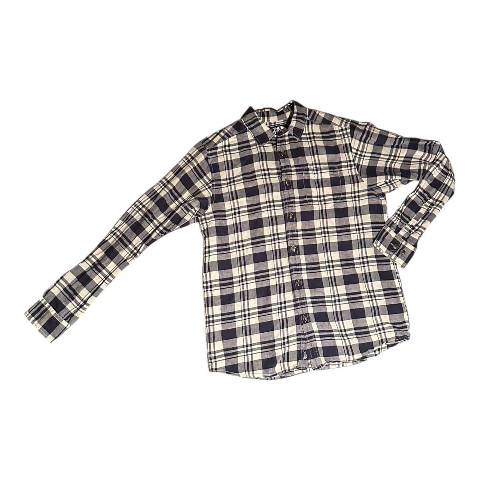 The North Face Linen Cotton Plaid Long Sleeve Button Up Shirt Navy Cream M