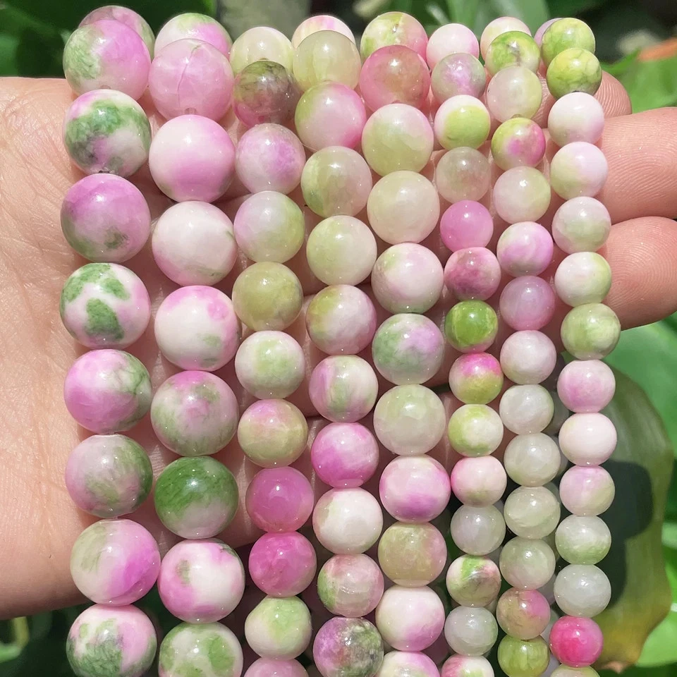 Cuentas de piedra de jade rosa verde blanco cuentas espaciadoras redondas hágalo usted mismo pulsera fabricación de joyas Foto 2 de 4