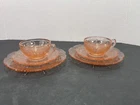 Set of 2 Jeannette Glass Cherry Blossom Pink Depression Cup Saucer & Dessert Set