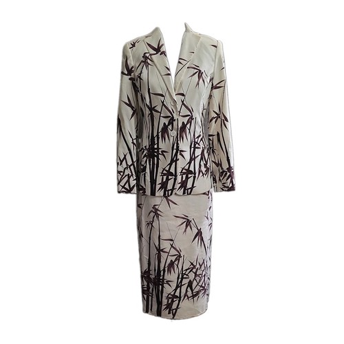 Oscar de la Renta, Vintage 90s OSCAR by Oscar de la Renta Cotton Silk Bamboo Skirt Suit Set 4 / 6