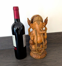 Hand Carved Wooden Ganesha Statue Figurine Elephant-Headed Hindu Deity