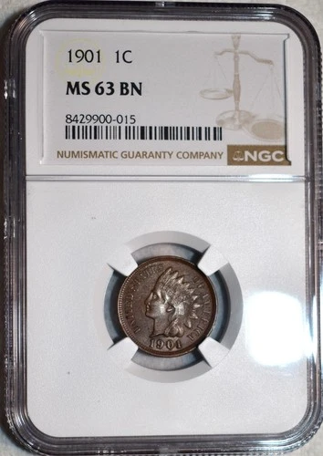 NGC MS-63 BN 1901 Indian Head Cent, Richly Hued, Lustrous specimen.