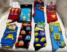 Novelty Graphic Sock Lot 8 Pair Boys Men's Crew 6-14 Pokemon Pac-Man Superman