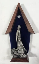 Mid Century Peltro Christmas Nativity Manger Scene Holy Family Pewter Wood Italy