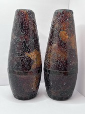 Pair Tall Mosaic glass  vases, amber bronze art glass décor, 11.5”