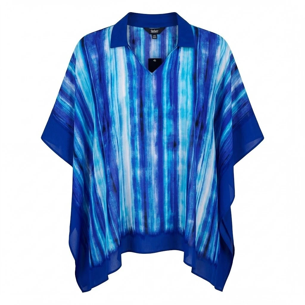 NEW Slim Factor by Investments L / XL Blue Abstract Stripe Poncho Blouse L/XL