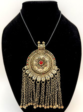Vtg Afghan Ottoman Pendant Necklace Silver Tone Banjara Kuchi Bells Dangles
