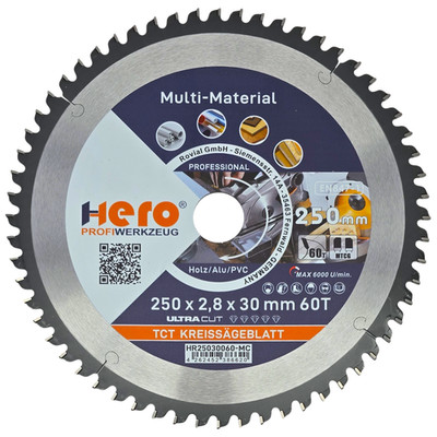 Kreissägeblatt 250 x 30 mm Multi Material 60Z HM Sägeblatt Alu Holz HERO PROFI